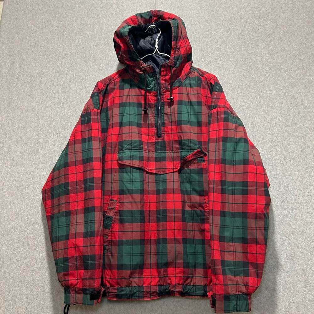 Vintage 90s Gap Men’s Red Plaid Hooded Anorak Insulated Pullover Size L